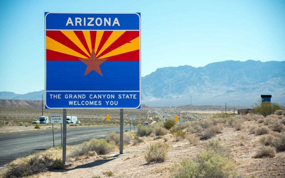 Welcome to Arizona road sign along State Route, USA that people who move to Arizona will see