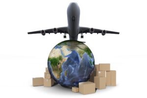 Composite image of globe surrounded by cardboard boxes to represent international moving services